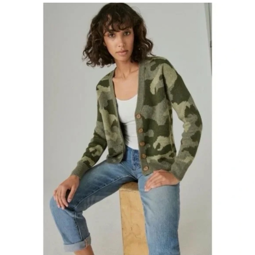 Lucky Brand Camouflage Cardigan Sweater Small Green Button Up Soft Wool Blend - Picture 1 of 12